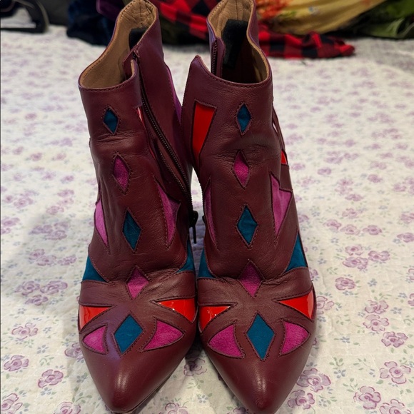 John Fluevog Shoes - John Fluevog Burgundy Leather Ankle Boots with Pink, Blue & Red Accents